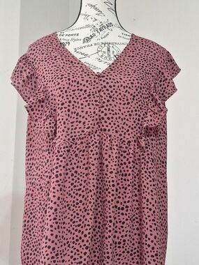LOFT Pink and Black Dotted V-Neck Ruffle Blouse